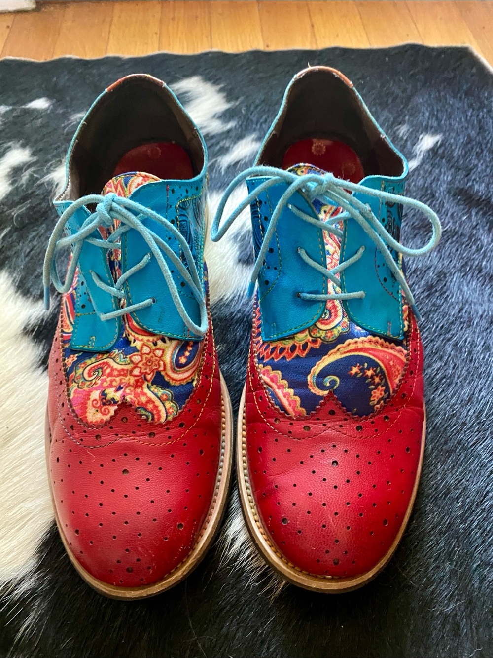 Paisley Leather Brogue Oxfords - Boho Artisan Wingtip - Women's Sz 11 US 42 EU - Picture 2 of 15